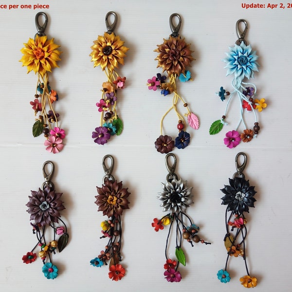 Genuine Leather Handcraft Keychain Women Fashion Flower KeyRing Purse Handbag Charm Accessories No.05-3