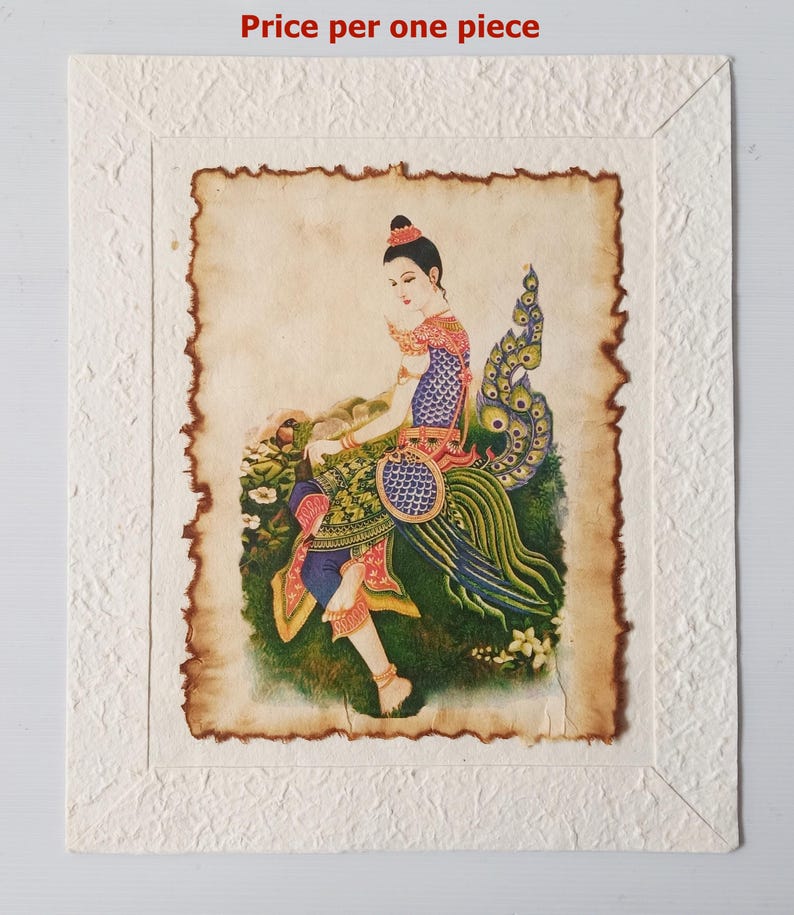 Antique Kinnaree Mythical Art Print on Thai Saa Paper Wall Decor #3 image 2