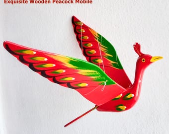 Artisan Handcrafted Wooden Peacock Wind Mobile Vibrant Red Hanging Decor Unique Garden Ornament Gift