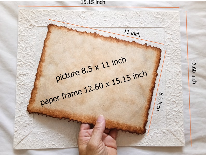 May include: A white textured paper frame with a brown paper picture inside. The frame measures 12.60 inches by 15.15 inches and the picture measures 8.5 inches by 11 inches.