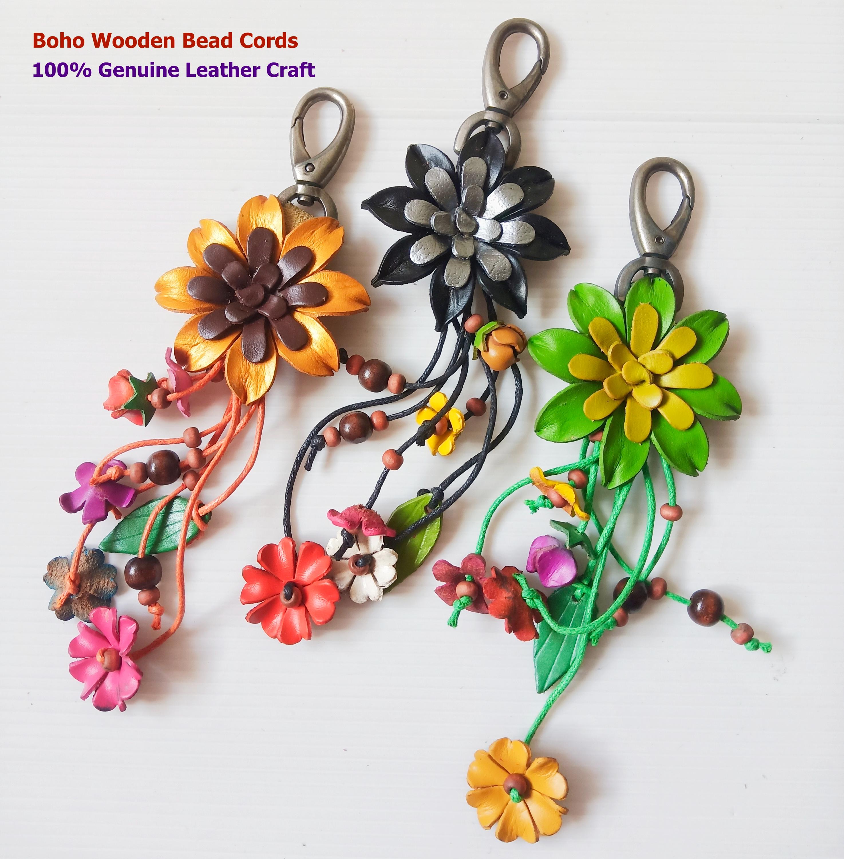 Handmade Leather Flower Keychain, Genuine Petal Bag Charm, Wooden