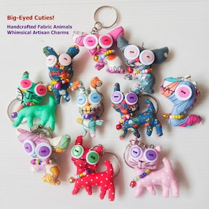 Handcrafted Button Eye Animal Keychain – Fabric Dinosaur, Dog, Cat, Rabbit Bag Charm No.7