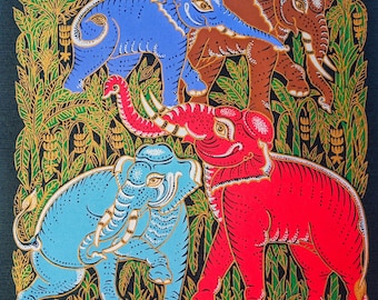 Thai Elephant Art Print: Screen Printed Cloth,  Regal Decor No.11