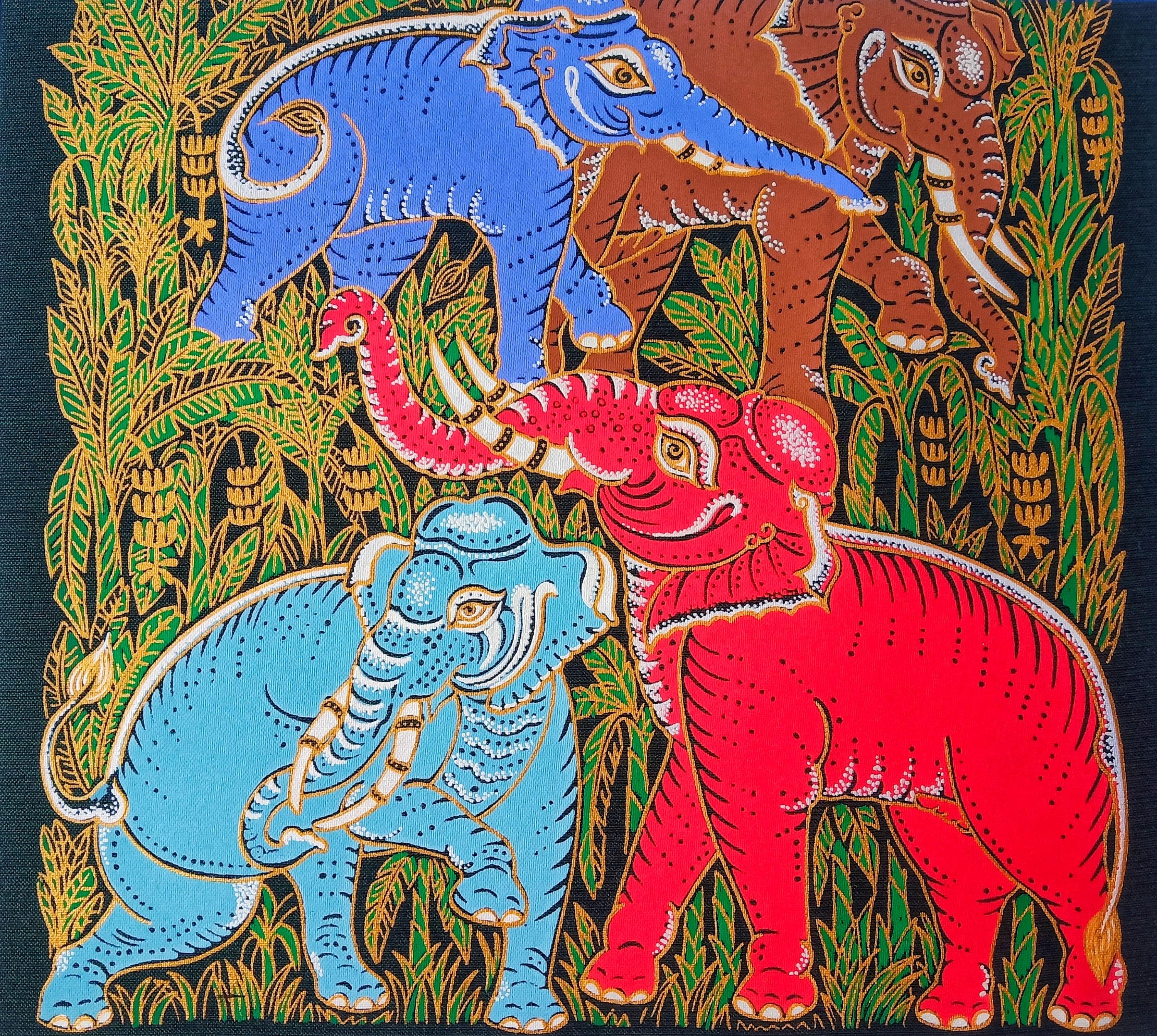 Thai Elephant Art Print: Screen Printed Cloth, Regal Decor No.11