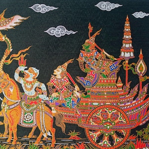 Thai Silk Screen Art Print: Traditional Asian Decor, Hand-Pulled Fabric Art No.N-3