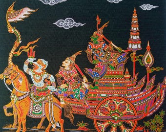 Thai Silk Screen Art Print: Traditional Asian Decor, Hand-Pulled Fabric Art No.N-3