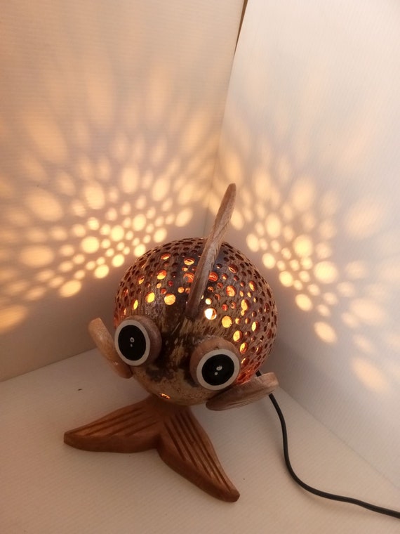 Table Lamp Bedside Desk Decor Frog Thai Handmade Coconut Shell Wood Free Ship