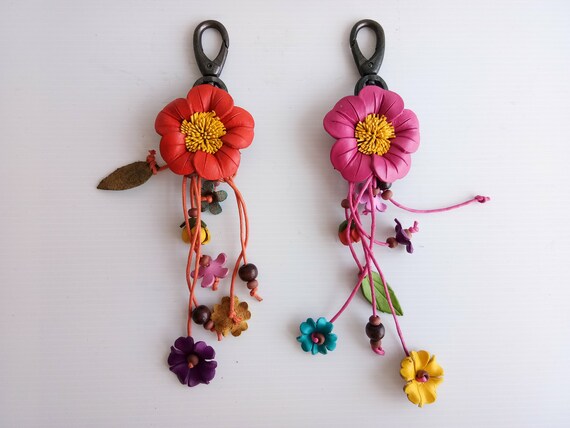 New Purple Flower Genuine Leather Handmade Charm Purse Floral Keychain KeyRing New Purple Flower Genuine Leather Handmade Charm Purse Floral Keychain KeyRing