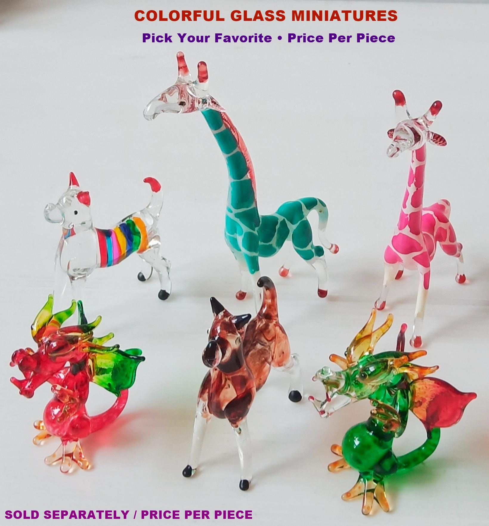 Glass Dragon Dog Giraffe Colorful Swirl Lucky Figurine Hand Blown