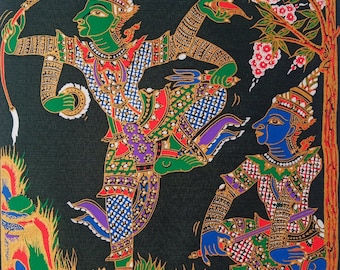 Hanuman Ramayana Art Print: Thai Screen Printed Cloth Picture No.N-1