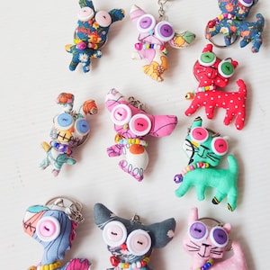 Handcrafted Button Eye Animal Keychain – Fabric Dinosaur, Dog, Cat, Rabbit Bag Charm