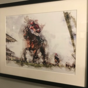 May include: A watercolor painting of a jockey riding a brown horse in a race. The jockey is wearing a red and white uniform and a helmet. The horse is running at full speed, with its legs outstretched. The background is a blurred image of a racetrack.