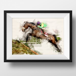 May include: A watercolor painting of a brown horse jumping over a fence with a jockey wearing a green and purple racing suit.
