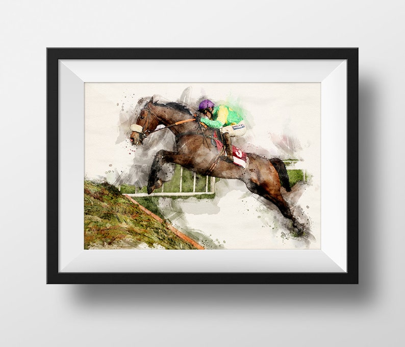 May include: A watercolor painting of a brown horse jumping over a fence with a jockey wearing a green and purple racing suit.