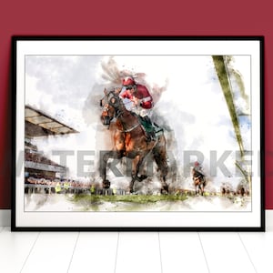 May include: A watercolor painting of a jockey riding a brown horse in a race. The horse is jumping over a hurdle and the jockey is wearing a red and white uniform. The background is a blurred image of a crowd of people.
