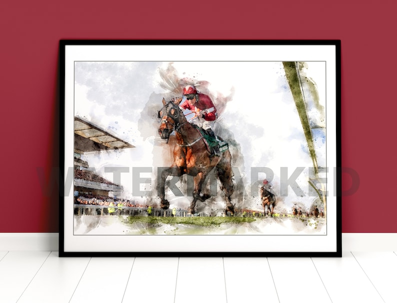 May include: A watercolor painting of a jockey riding a brown horse in a race. The horse is jumping over a hurdle and the jockey is wearing a red and white uniform. The background is a blurred image of a crowd of people.