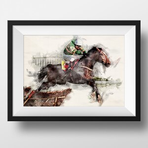 May include: A watercolor painting of a jockey riding a brown horse over a hurdle. The jockey is wearing a green and white jacket, a red helmet, and white pants. The horse is jumping over a wooden fence.