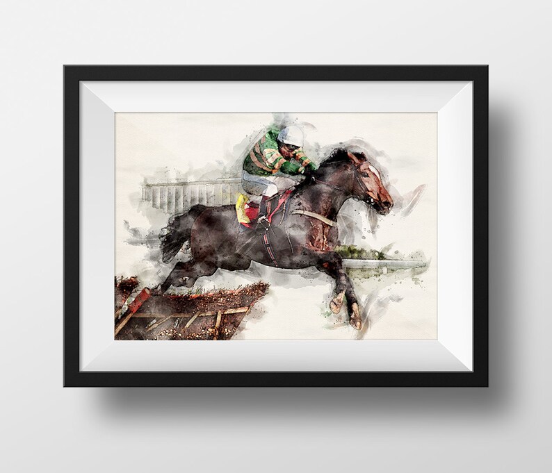 May include: A watercolor painting of a jockey riding a brown horse over a hurdle. The jockey is wearing a green and white jacket, a red helmet, and white pants. The horse is jumping over a wooden fence.