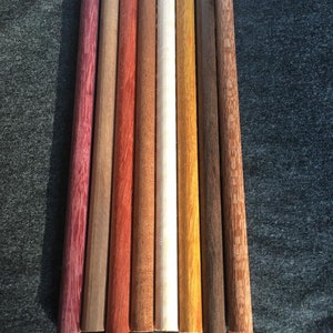 8 EXOTIC WOOD DOWELS  3/8"dia x apprx 29 in. lg Purpleheart,Black Walnut,Bloodwood,Mahogany,CurlyMaple,Yellowheart,Nogal,Leopardwood