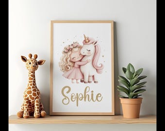 Colourful Personalised Unicorn & Princess Wallart. Colourful Printed Personalised Wall art. Unicorn wallart. Girls Room wallart