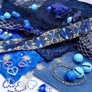 Pacchetto creatività Blue Vintage pizzo trim nastri charms Mixed media Creation bundle Party décor junk Journal Art Embellishment
