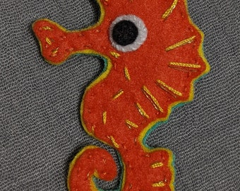 seahorse felt brooch badge pin orange gold yellow sea animals eco handmade hand stitched