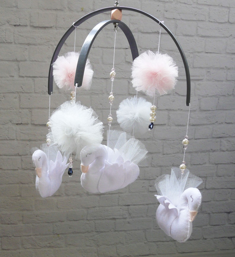 Swan baby mobile Felt mobile Mobile for girl Pearl beads Etsy