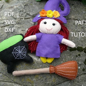 Witch sewn toy patterns, Halloween PDF Felt Sewing Decoration tutorial Garland felt Digital witch doll tutorial pattern toy