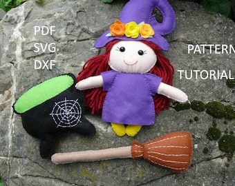 Witch sewn toy patterns, Halloween PDF Felt Sewing Decoration tutorial Garland felt Digital witch doll tutorial pattern toy