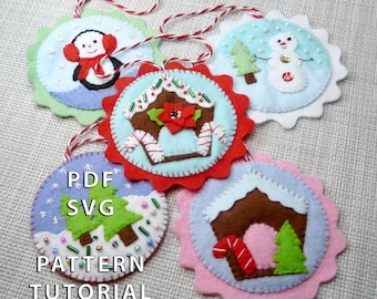 May include: A collection of handmade felt Christmas ornaments. Each ornament features a unique design, including a penguin, snowman, gingerbread house, and Christmas trees. The ornaments are round with scalloped edges and are decorated with beads and embroidery.