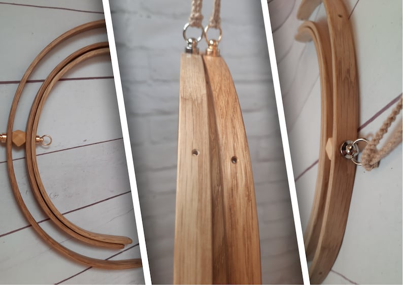 May include: Three wooden embroidery hoops with a natural finish. The hoops are nested together and have a metal ring at the top for hanging. The hoops are made of bamboo and have a smooth surface.