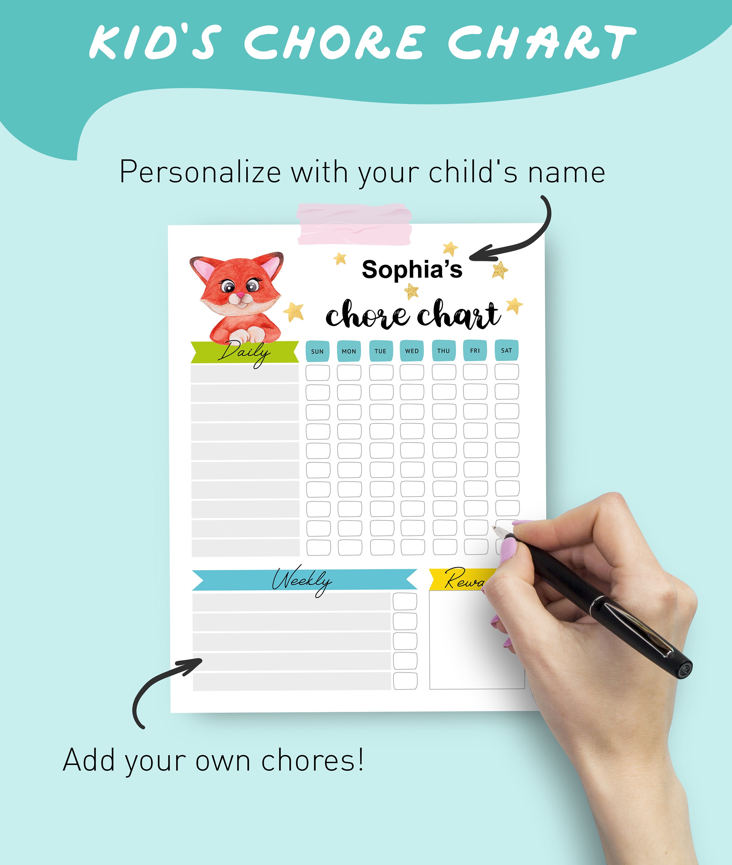 Printable kid's chore chart with cute animals Editable | Etsy