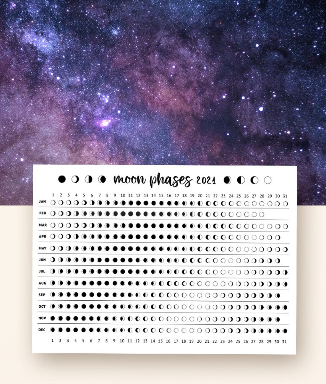 2021 Printable Moon phases Calendar for your Bullet