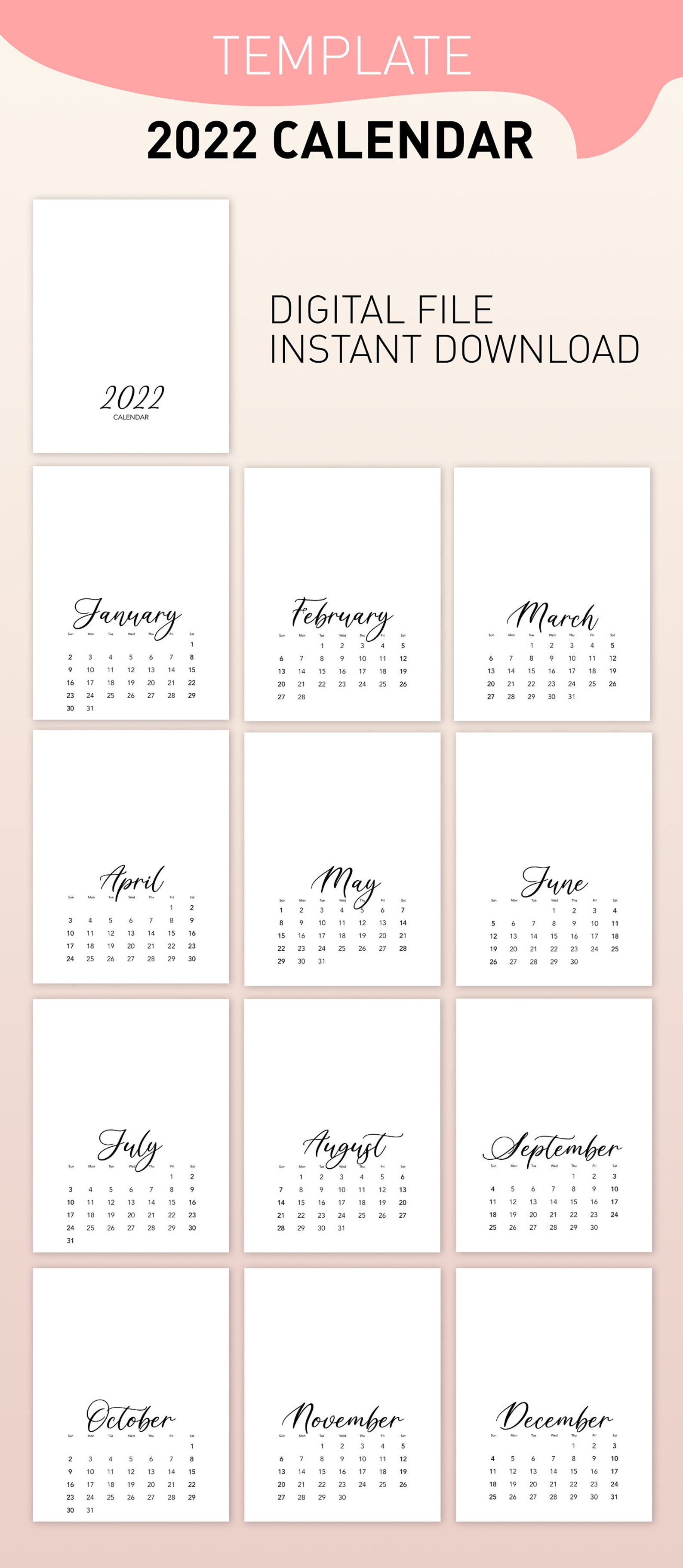 2022 DIY Calendar Template printable blank calendar pages | Etsy