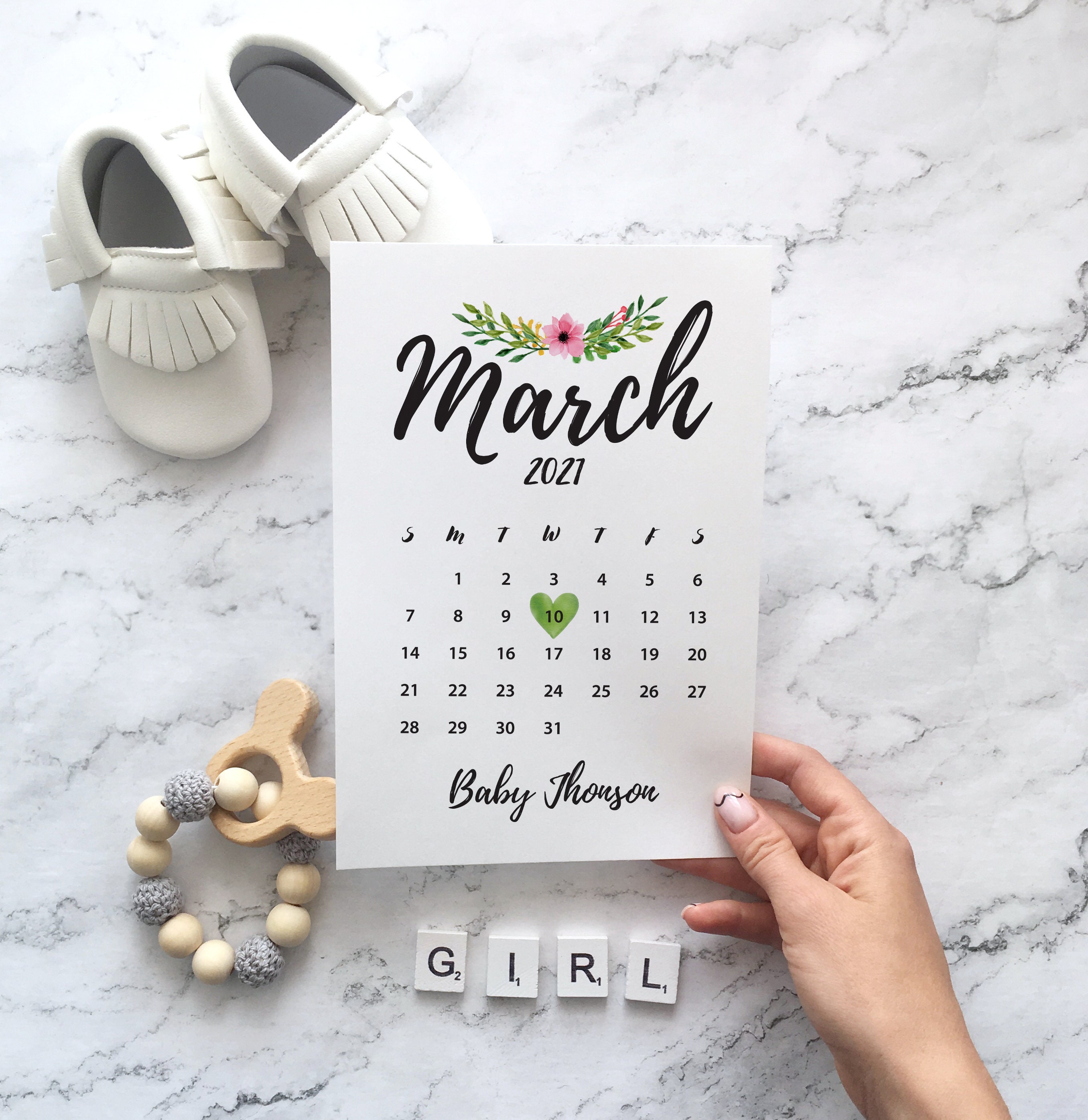 Printable Calendar for March pregnancy announcement Etsy