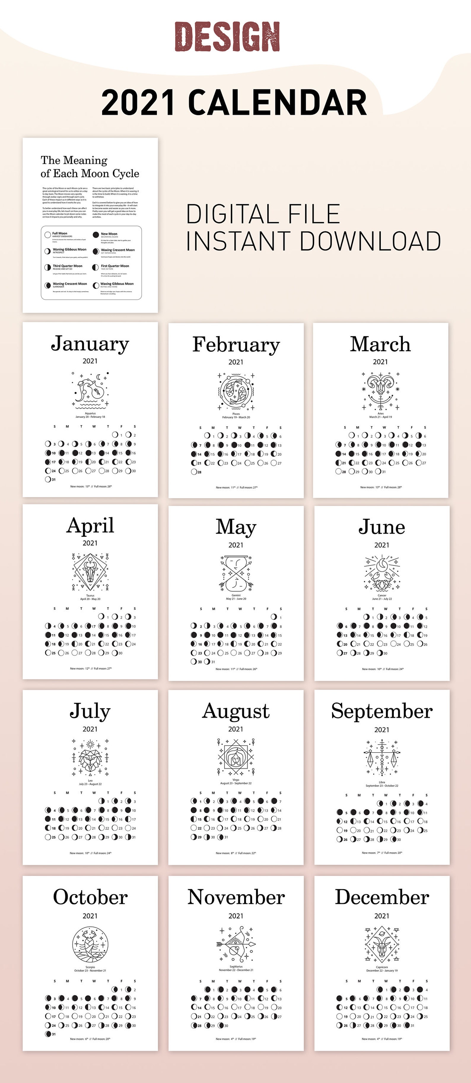 2020-2021 Printable Moon Calendar moon phase calendar for | Etsy