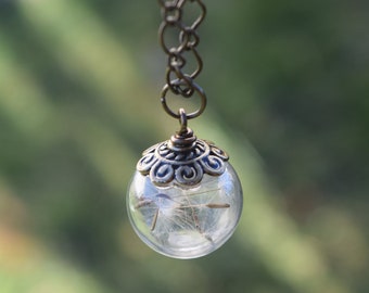 Dandelion Seed Wish Globe / Dandelion Seed Necklace / Glass Orb Pendant / Nature Necklace / Wish Necklace / Glass Sphere Dandelion Seeds