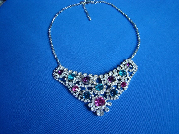 Pretty Vintage Silver Necklace with Colourful CZ … - image 3