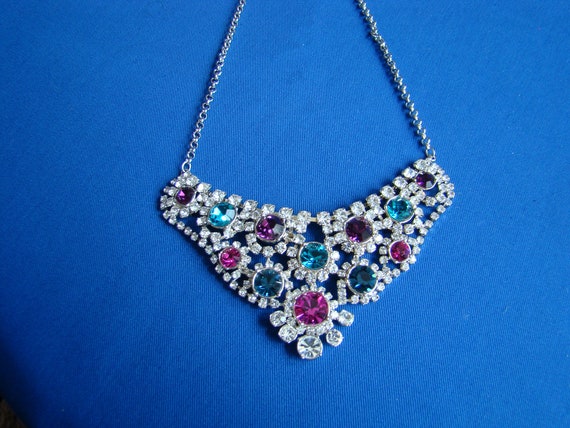 Pretty Vintage Silver Necklace with Colourful CZ … - image 5