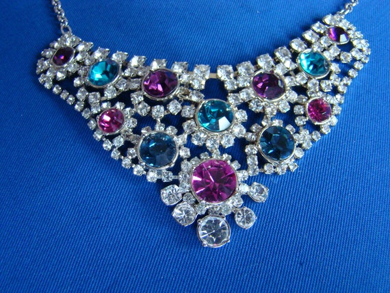 Pretty Vintage Silver Necklace with Colourful CZ … - image 1