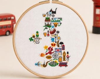 Mapa do Reino Unido em Ponto Cruz: Inglaterra, Irlanda, País de Gales (Padrão em PDF)