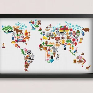 Kruissteekpatroon van de wereldkaart - Afdrukbaar PDF-patroon - Borduurpatroon van de wereldkaart - Eenvoudige kruissteek - Kaartsteek - Globe Cross Stitch