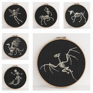 Mythical Creature Skeleton Cross Stitch Pattern Set - 6 Dark Fantasy Designs - PDF Download - Dragon Cross Stitch - dark fantasy craft