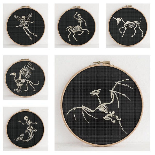 Mythical Creature Skeleton Cross Stitch Pattern Set - Mythical cross stitch - Skeletal Cross Stitch - Dragon Cross Stitch - Contemporary