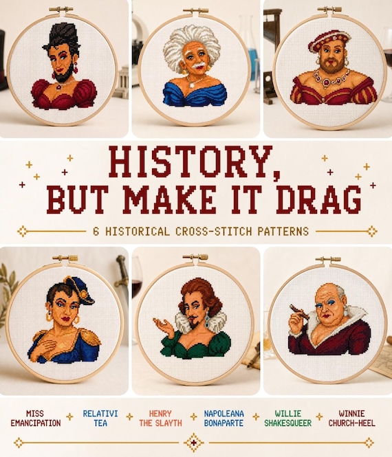 Historical Drag Queens Cross Stitch Bundle: 6 Funny Portrait PDF Patterns