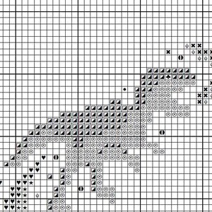 May include: Black and white cross stitch pattern featuring a unicorn design. The unicorn is outlined in black and has a white horn, mane, and tail. The background is filled with black and white squares.