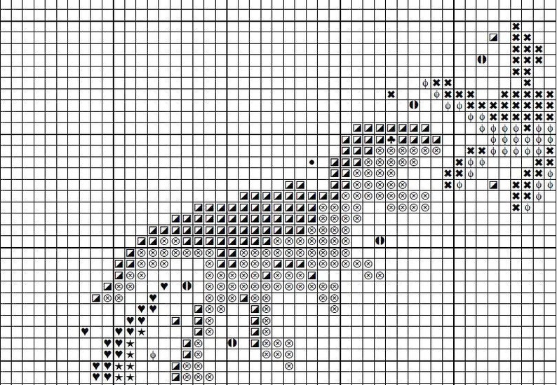 May include: Black and white cross stitch pattern featuring a unicorn design. The unicorn is outlined in black and has a white horn, mane, and tail. The background is filled with black and white squares.