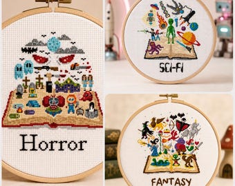 Book Genre Cross Stitch Set PDF | Horror Fantasy Sci-Fi | 3 Reading Charts