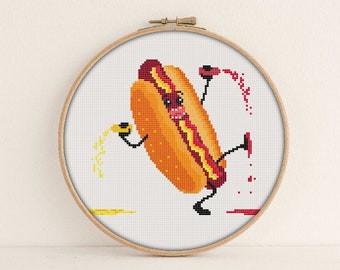 Hot Dog Wzór do haftu krzyżykowego PDF - Natychmiastowy wydruk PDF - Jedzenie haft krzyżykowy - Kawaii haft krzyżykowy - Uroczy haft krzyżykowy - PixlStitch