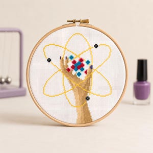 Könnte beinhalten: Kreuzstich-Stickerei in einem Holzrahmen zeigt eine Hand, die eine Ansammlung roter, weißer und blauer Atome hält, mit einem gelben Atommodell-Design. Die Hand hat lila Nagellack. Eine lila Nagellackflasche befindet sich im Hintergrund.